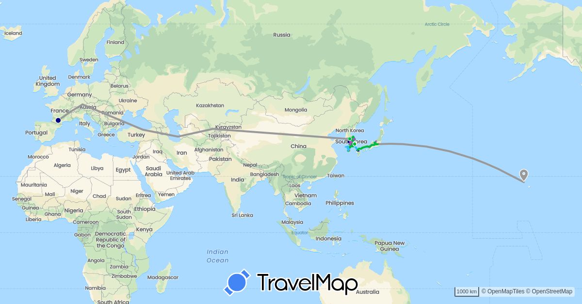 TravelMap itinerary: driving, bus, plane, train, hiking, boat, métro, tramway in Germany, France, Japan, South Korea, United States (Asia, Europe, North America)