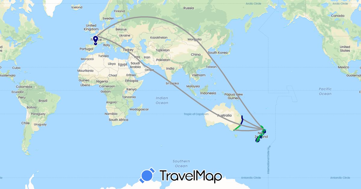 TravelMap itinerary: driving, bus, plane, cycling, train, hiking, boat, hitchhiking in Australia, China, France, New Zealand, Qatar (Asia, Europe, Oceania)