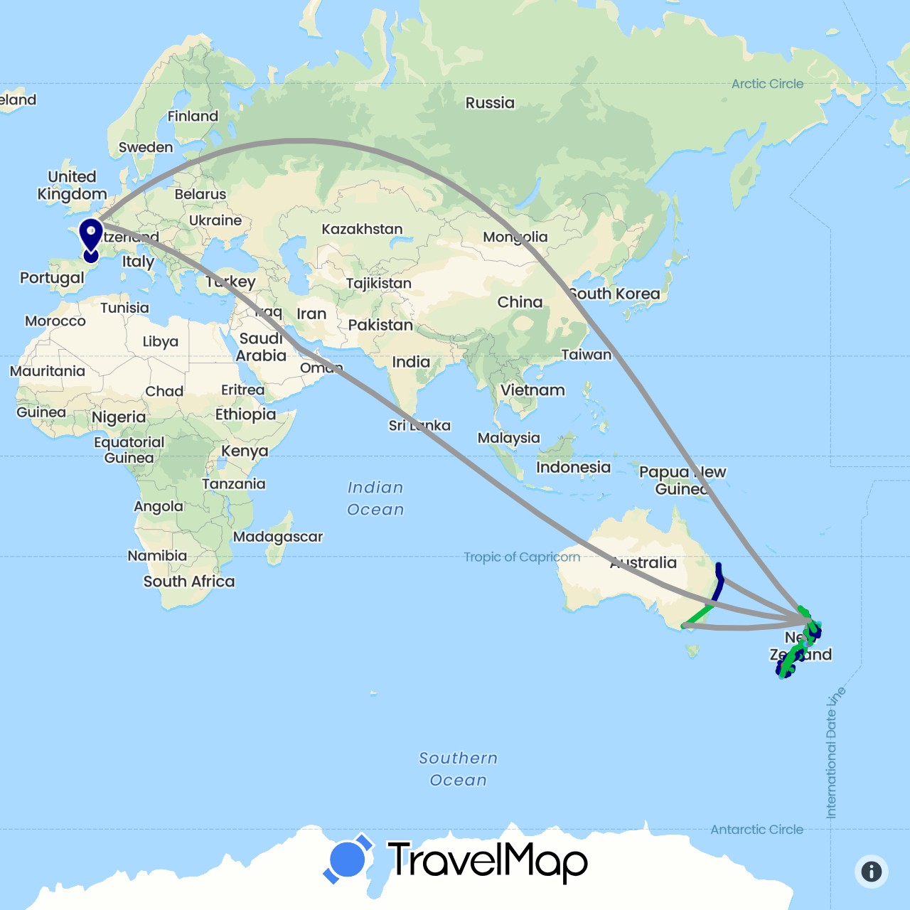 TravelMap itinerary: driving, bus, plane, cycling, train, hiking, boat, hitchhiking in Australia, China, France, New Zealand, Qatar (Asia, Europe, Oceania)