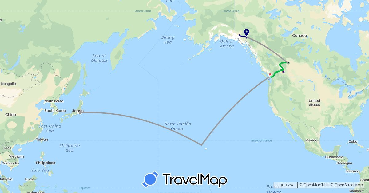 TravelMap itinerary: driving, bus, plane, cycling, hiking, boat, métro in Canada, Japan, United States (Asia, North America)
