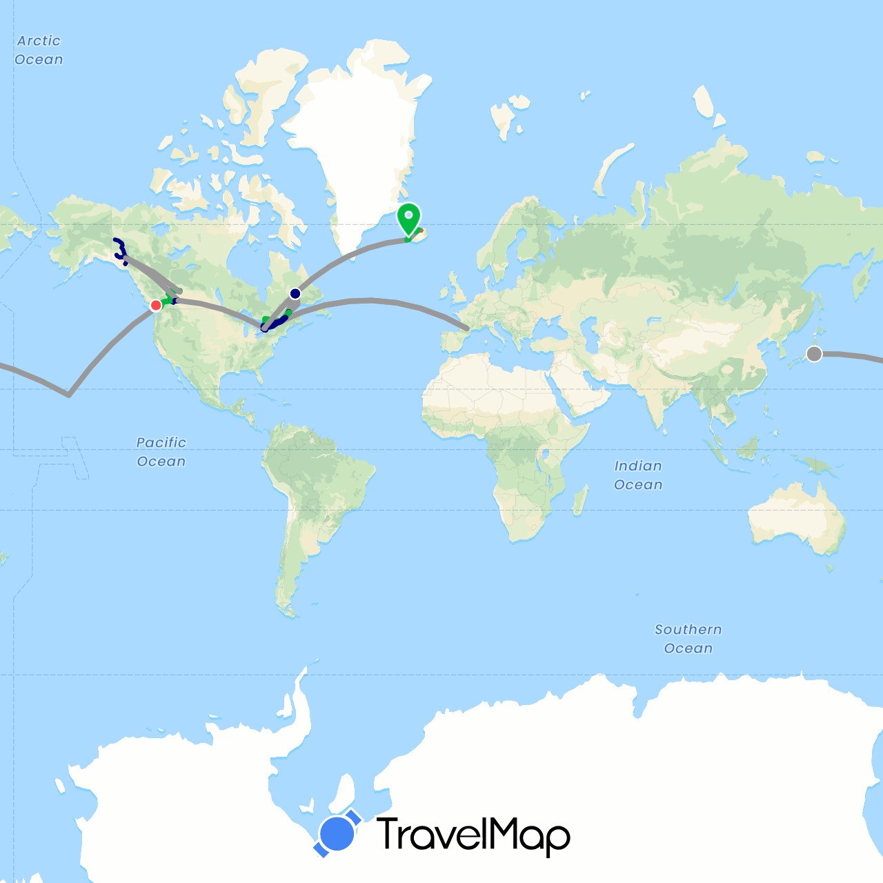 TravelMap itinerary: driving, bus, plane, cycling, train, hiking, boat, cheval, métro, remontée mécanique, skidoo, traineau à chiens, patins, raquettes, kayak in Canada, France, Iceland, Japan, United States (Asia, Europe, North America)